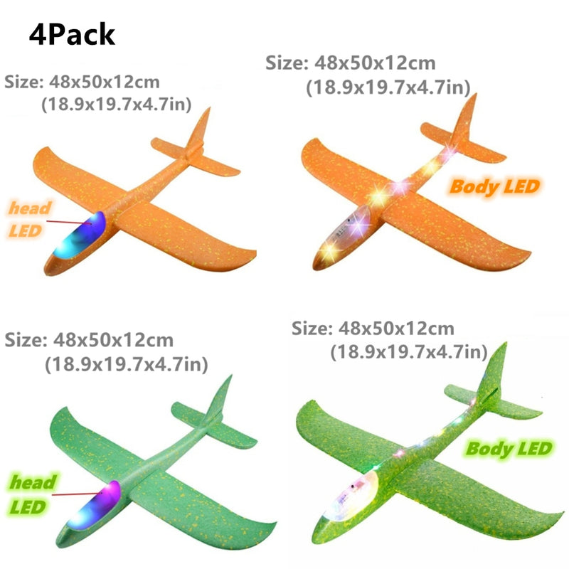 4Packs 50CM Foam Plane Kits Flying Glider Toy With LED Light Hand Throw Airplane Sets Outdoor Game Aircraft Model Toys For Kids