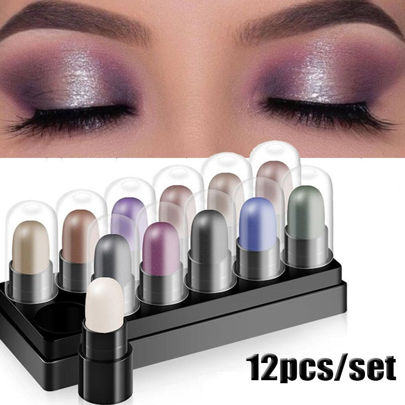 Eyeshadow Pencil Set 12 Colors Waterproof Long Lasting Glitter Shimmer Eye Shadow Pen Highlighter Stick Eyes Makeup Tools