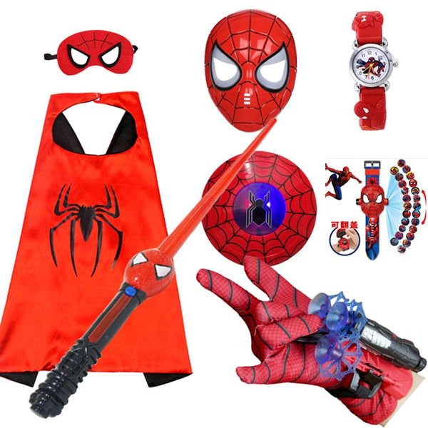 Marvel Spiderman Anime Figure Toys Cosplay Props Cloak Mask Halloween Cartoon Launcher Glove Watch Set Toys for Children Gift