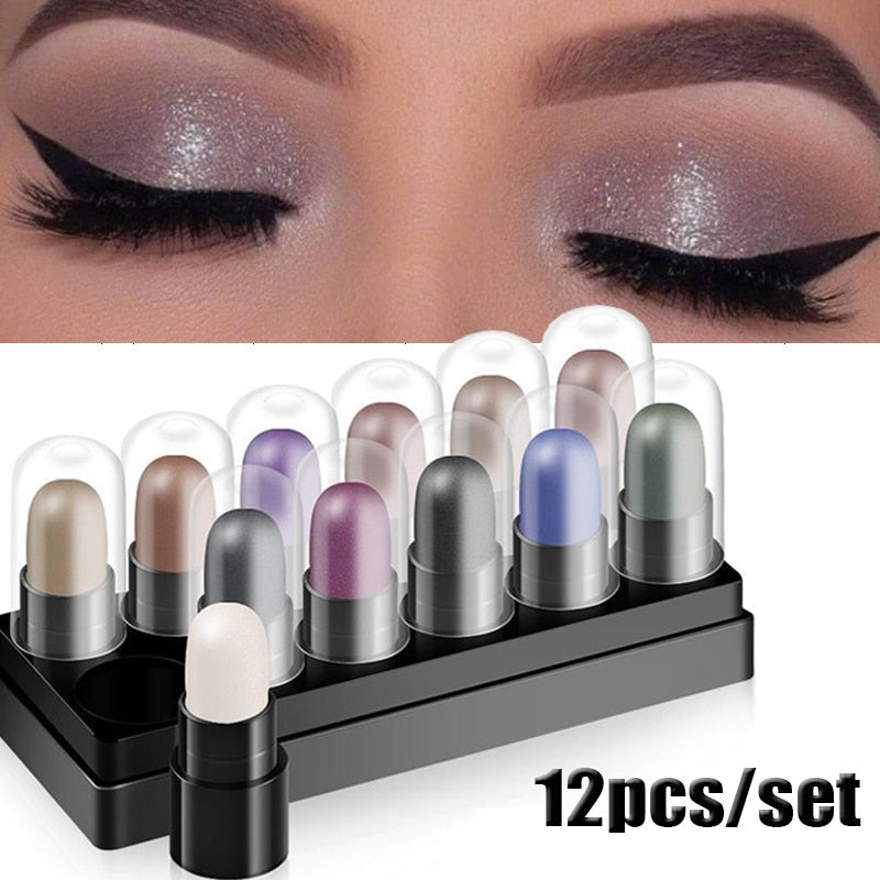 Eyeshadow Pencil Set 12 Colors Waterproof Long Lasting Glitter Shimmer Eye Shadow Pen Highlighter Stick Eyes Makeup Tools