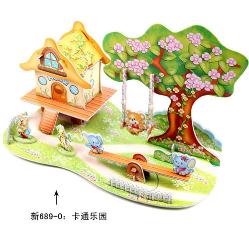 Montessori 3D Puzzle Jigsaw Learning Educational Toys Diy Attractive Cartoon Castle Garden House for Children Kids Craft Toys